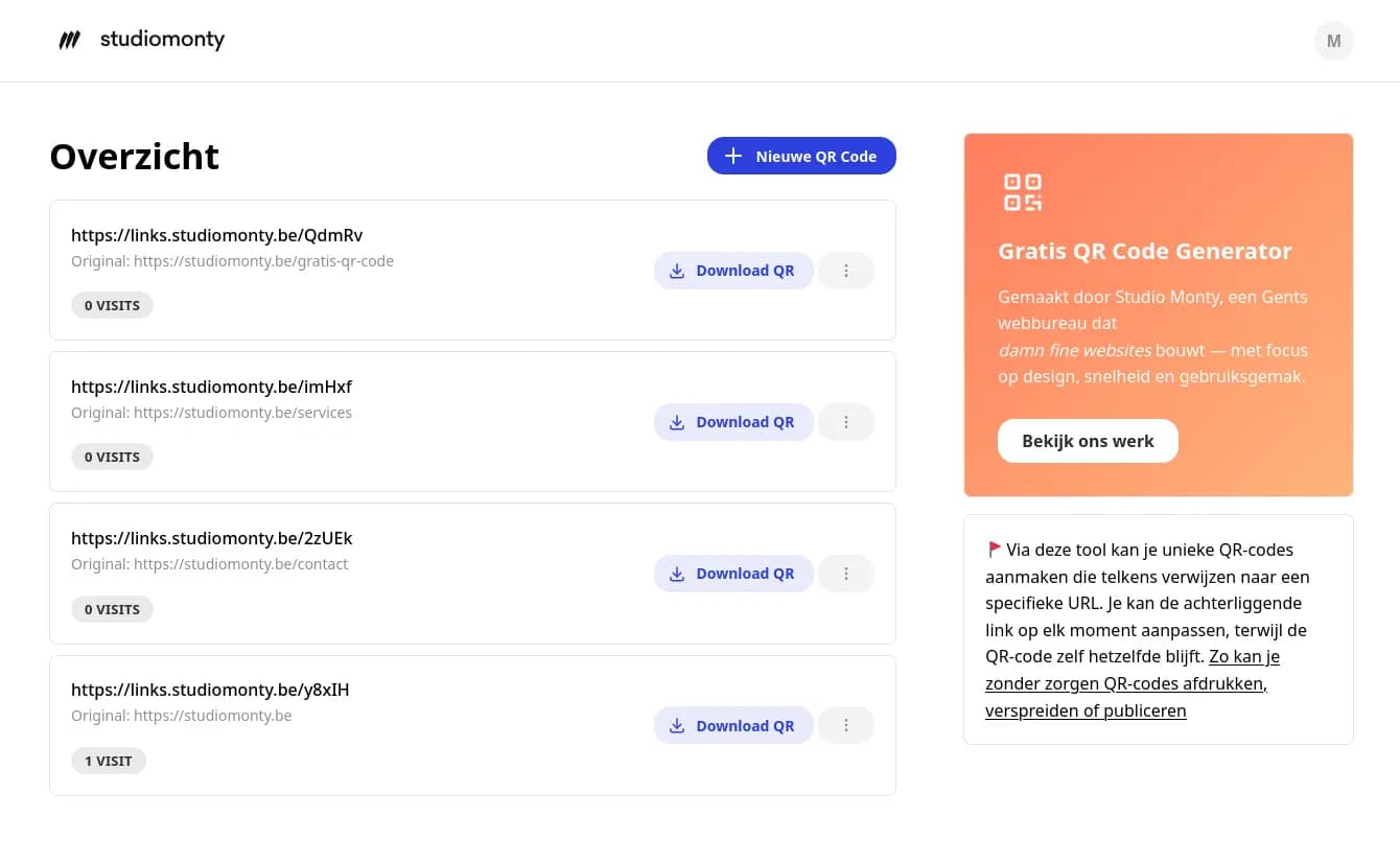 Overzicht van de Studio Monty QR Generator