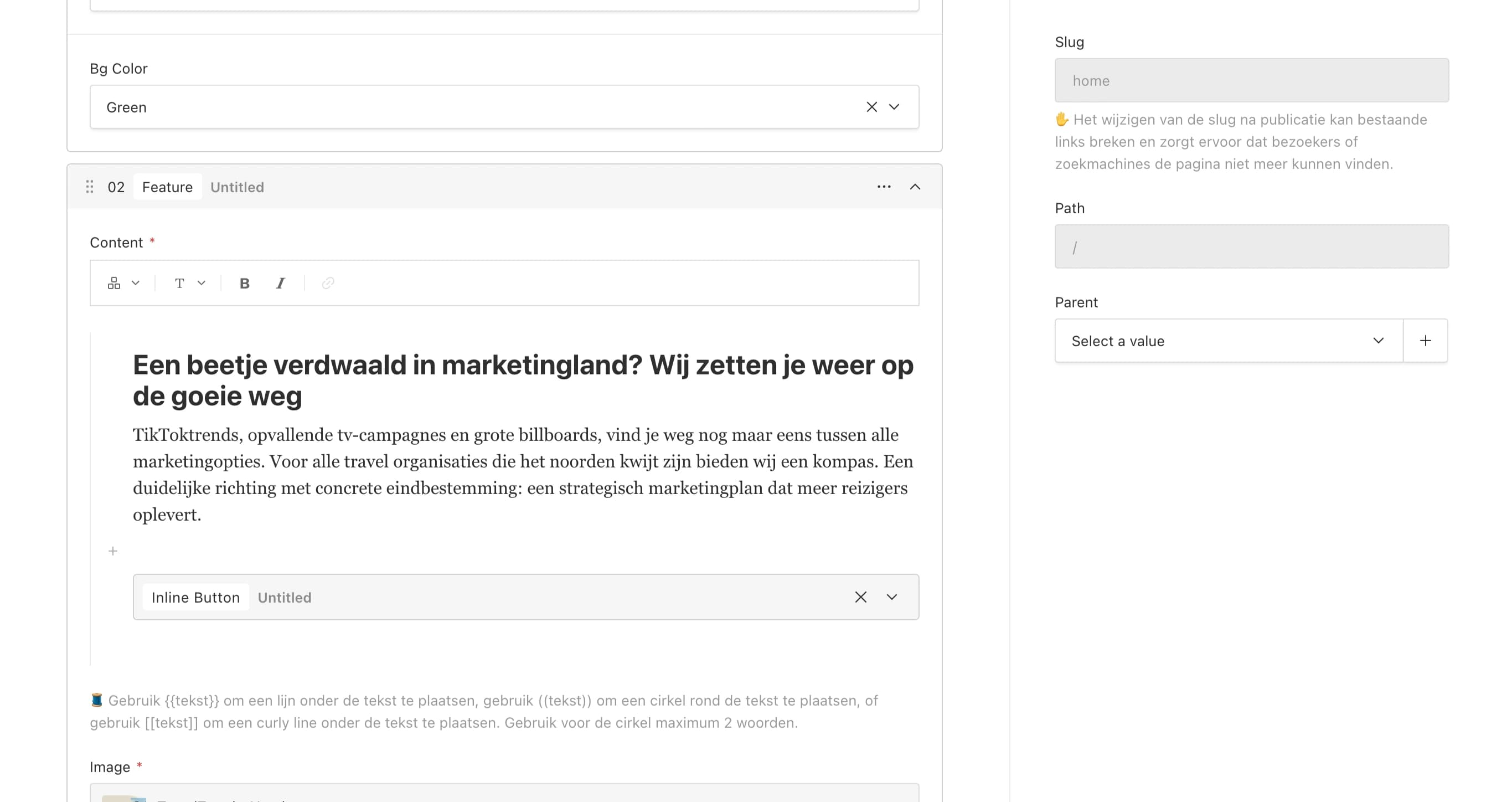 CMS tekst editor met verschillende componenten