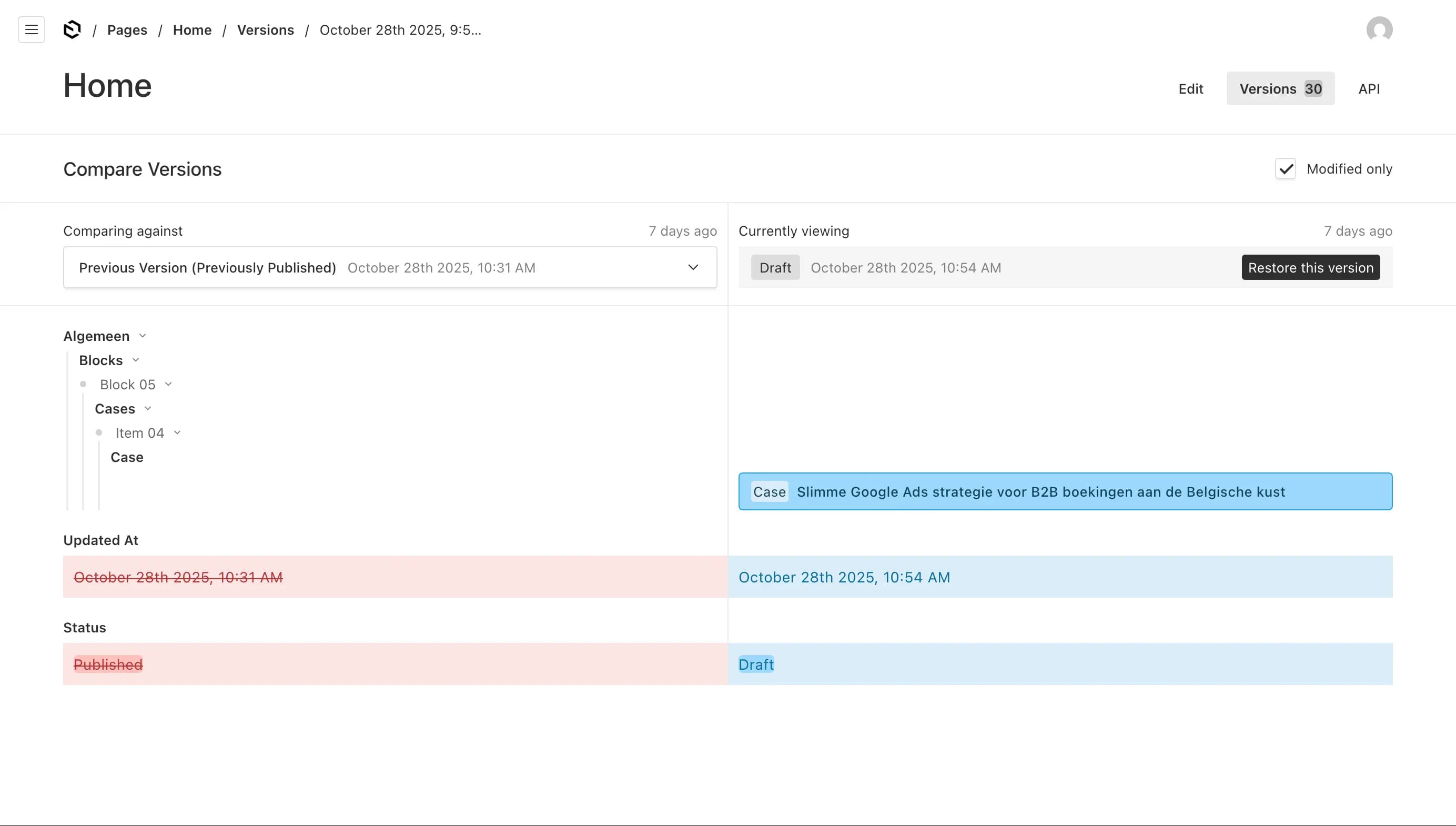 Versiehistorie van een pagina in het CMS